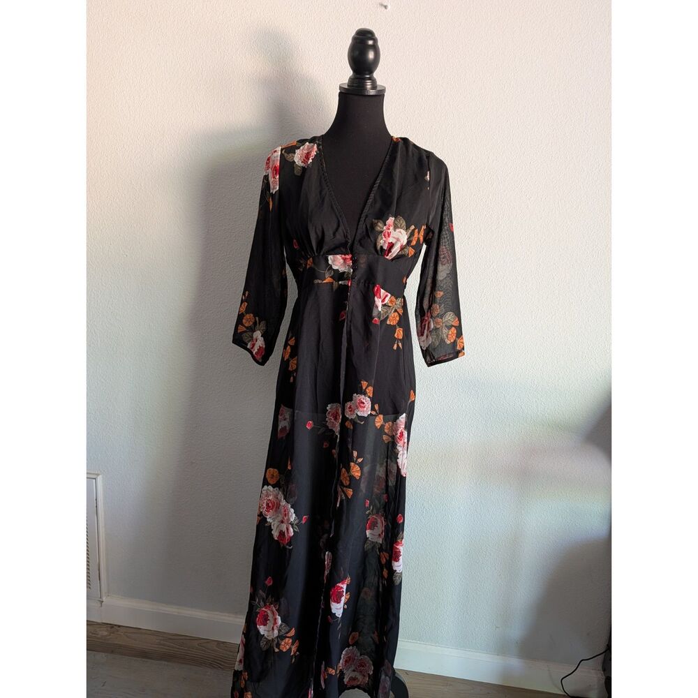 Black Floral Sheer Maxi Dress Women's Small Boho Romantic Cottagecore